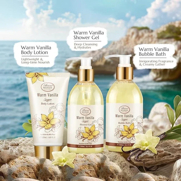 Bath and Body Warm Vanilla Sugar Spa Gifts for Women, with Shower Gel, Bubble Bath, Body Lotion, Bath Bomb, Bath Salt, Spa...