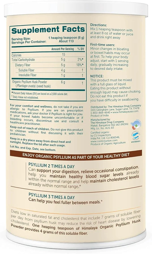 Himalaya Organic Psyllium Husk Powder, Daily Dietary Fiber Supplement, Regularity, Appetite Management, Certified Organic,...
