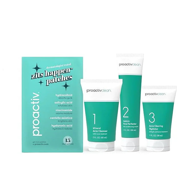 Proactiv Clean 3 Step Acne Routine w/ Pimple Patches- Sulfur Acne Treatment Cleanser, Azelaic Acid Serum, and Facial Moist...
