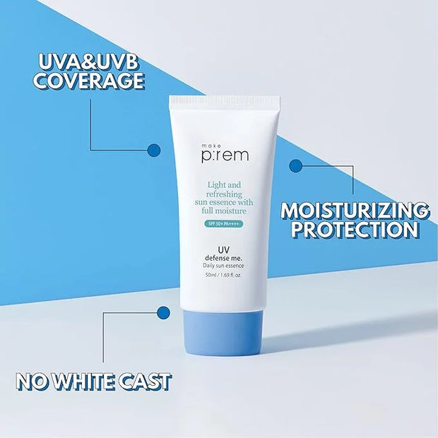 MAKEPREM UVA UVB Defense Me Daily Sun Essence VEGAN Makeup Sunscreen Gel SPF 50+ PA++++ 1.69 Fl Oz Reef-Safe Moisture Sunb...