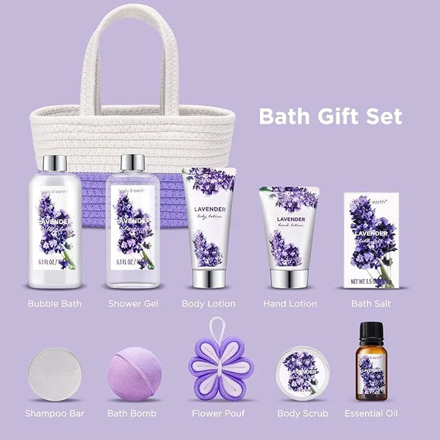 Spa Gift Baskets for Women - Body & Earth 11pcs Lavender Gift Sets with Bubble Bath, Shower Gel, Body Lotion, Birthday Gif...