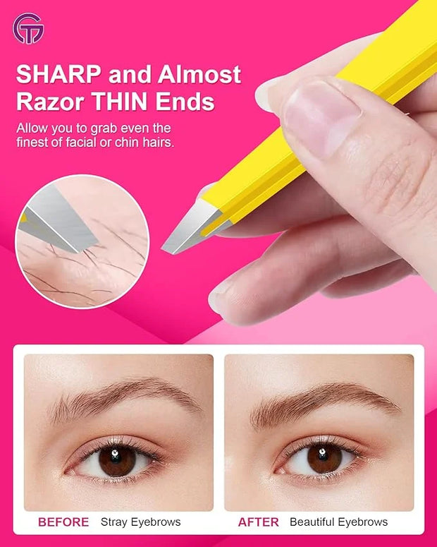 Expert Eyebrow Hair Removal Tweezer with Leather Case, GlamTweeler High Precision Slant Tip Stainless Steel Tweezers for M...