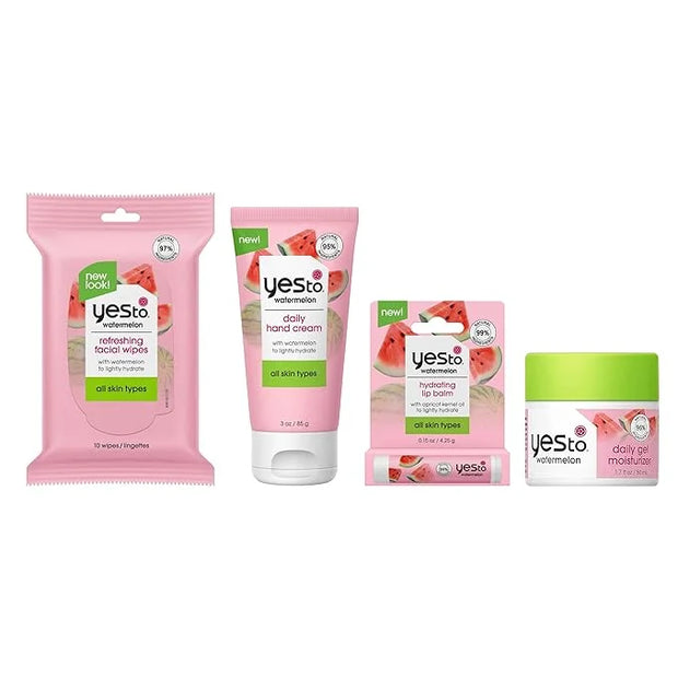 Yes To Watermelon Skincare Essentials Set – Face Wipes, Hand Cream, Lip Balm, Hydrating Moisturizer, - Product Image