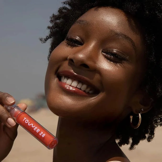 Tower 28 ShineOn Lip Jelly, FIRE, Non-Sticky, Hydrating Vegan Lip Gloss in Sheer Orange, Moisturizing Apricot and Raspberr...