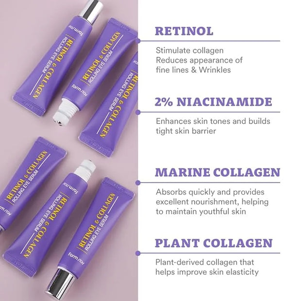 Farmstay Retinol Roll-on Eye Serum with 2% Niacinamide & Collagen – Hydrating Korean Eye Roller for Dark Circles, Puffy Ey...