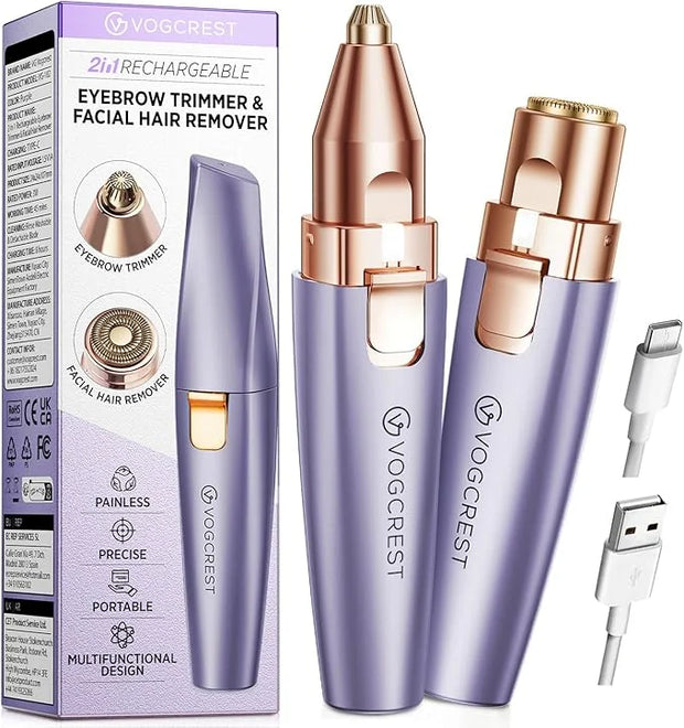 Eyebrow Facial Trimmer: 2 in1 Rechargeable Facial Hair Removal and Eyebrow Shaver - Face Lips Body Painless Facial Razor w...