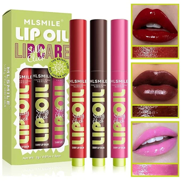 3 Colors Fat Lip Oil, Click Slick Moisturizing and Long-lasting Lip Balm, Non-stick and High Pigment Lip Glow Oil, Lightwe...
