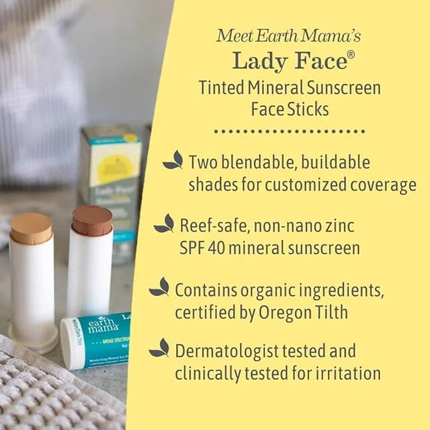 Earth Mama Lady Face® Tinted Mineral Sunscreen Stick, SPF 40 Medium/Dark Tint | Contains Organic Shea & Cocoa Butter | Fou...