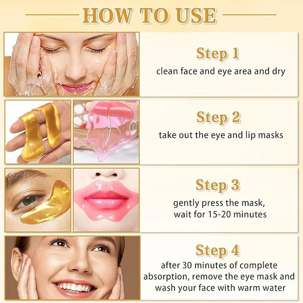 CAHIUYOA 30PCS Lip Mask and Under Eye Masks Set,Pink Lip Masks for Dry Lips 24K Gold Eye Patches for Puffy Eyes,Effective ...