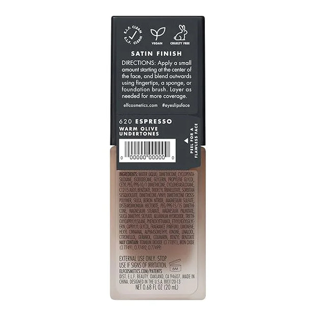e.l.f. Flawless Satin Foundation, Lightweight & Medium Coverage, Semi-Matte Finish, Vegan & Cruelty-Free, Espresso, 0.68 F...