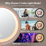 10X Large Lighted Makeup Mirror, Rechargeable 8" Height Adjustable Vanity Mirror, 1x/10x Magnifying Mirror with 3 Color, B...