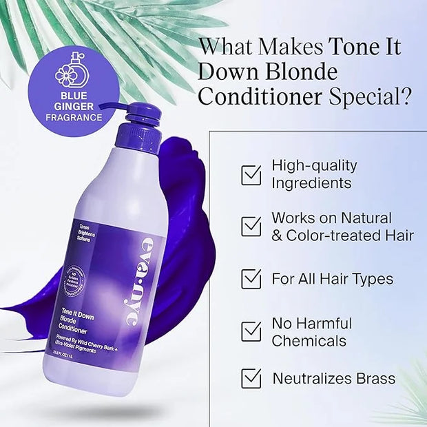 Eva NYC Tone It Down Purple Conditioner for Blonde & Color-Treated Hair, Eliminates Brassy Yellow Tones, Hair Moisturizer,...