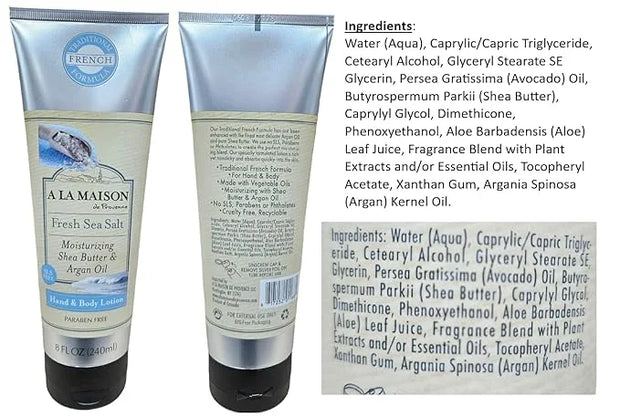 A LA MAISON Moisturizing Lotion, Fresh Sea Salt - Uses: Hand and Body, Argan Oil, Pure Shea Butter, Essential Oils, Plant ...