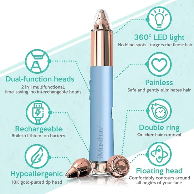 2-in-1 Portable Rechargeable Painless Eyebrow Trimmer & Facial Hair Remover, removes eyebrow, face, lips and body hair for...