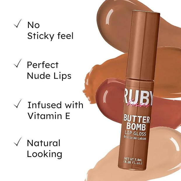 Ruby Kisses Lip Gloss Butter Bomb Gloss Non-Sticky Lip Gloss Vitamin E Natural Nude Lip Makeup - 7.8mL (0.26 US fl.oz) (Na...