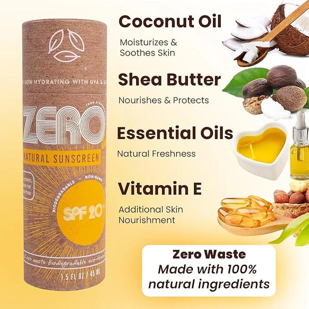 ZERO Waste 100% Plastic Free Natural Sunscreen Stick, SPF 20 Reef Safe and Kid Friendly, Water Resistant, Push Up Cardboar...