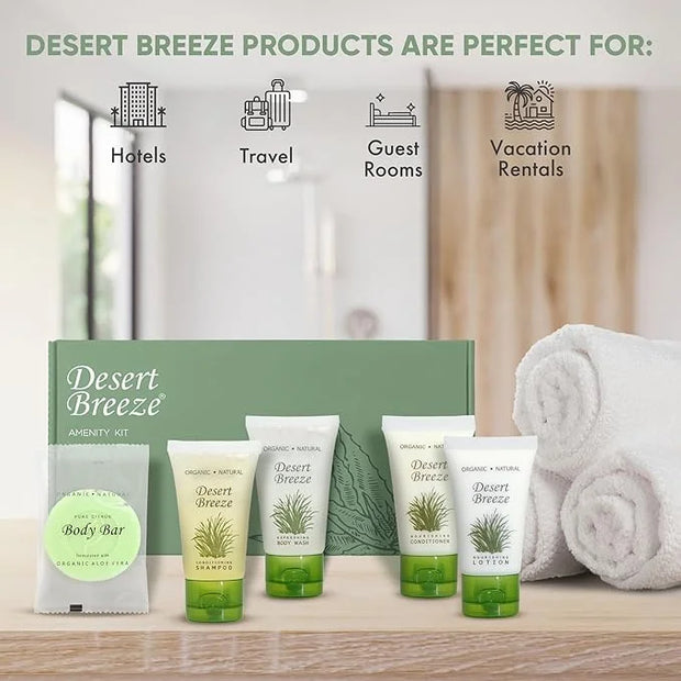 Desert Breeze Amenity Kit | Boxed Hotel Toiletries Bulk Set | 1 oz Shampoo, Conditioner, Lotion, Body Wash & Body Bar Soap...