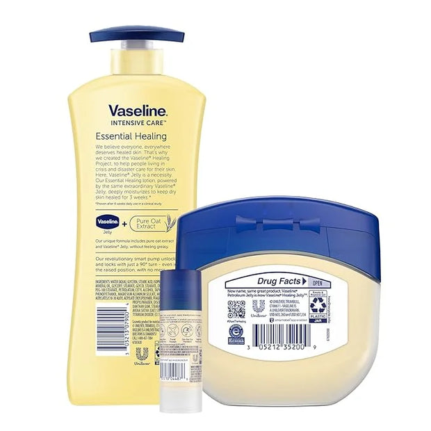 Vaseline Intensive Care Essential Healing Body Lotion, 20.3 oz, Bundled with Petroleum Jelly Original, 7.5oz, and All-Over...