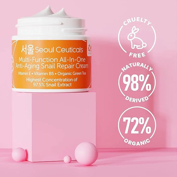 SeoulCeuticals Korean Skin Care 97.5% Snail Mucin Moisturizer Cream - K Beauty Skincare Day & Night Snail Repair Cream Fil...