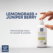 Kiss My Face De-Stress Hand & Body Lotion - Lemongrass + Juniper Berry - Soothing Rhodiola Rosea - With Hemp Seed Oil & As...