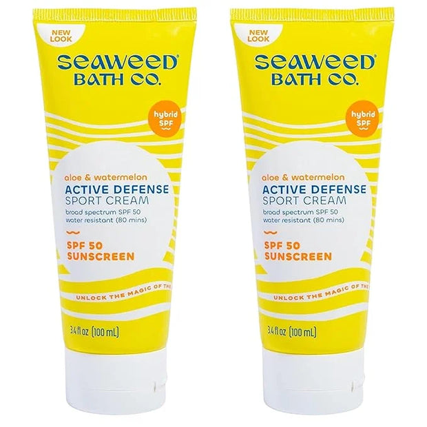 Seaweed Bath Co. Active Defense SPF 50 Sport Broad Spectrum Hybrid Sunscreen Cream, 3.4 Ounce (Pack of 2), Sustainably Har...