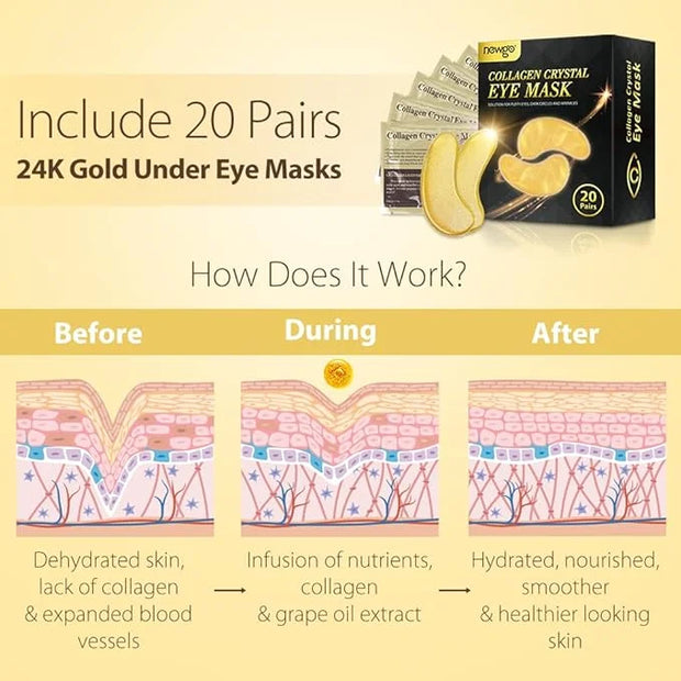 NEWGO Under Eye Mask Patches 20 Pairs Eye Gel Pads, 24K Gold Under Eye Pads Eye Mask Moisturizer Natural Collagen Eye Gels...
