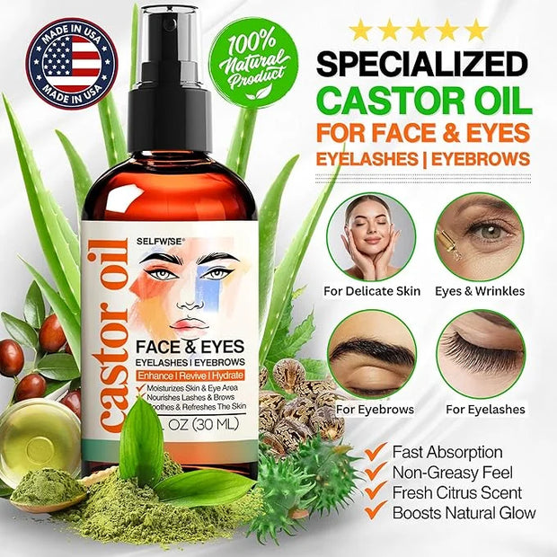 Organic Castor Oil For Face Moisturizer, Eyes, Eyelashes, Eyebrows, Wrinkles with Jojoba, Rosehip, Grapeseed, Squalane, Pa...