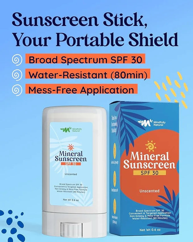 Natural Sunscreen Stick SPF 30 Broad Spectrum Mineral Sunblock for Face & Sensitive Skin - Zinc Oxide 18% Sun Screen Stick...