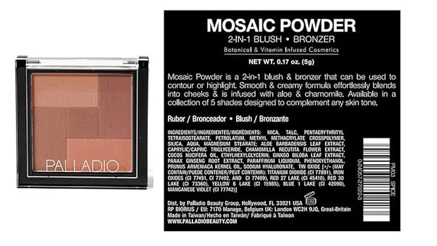 Palladio 2 In 1 Mosaic Powder Blush and Bronzer Silky Smooth Face Makeup Pressed Five Color Hues from Shimmering Pinks to ...