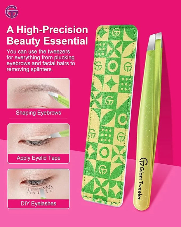 Expert Eyebrow Hair Removal Tweezer with Leather Case, GlamTweeler High Precision Slant Tip Stainless Steel Tweezers for M...