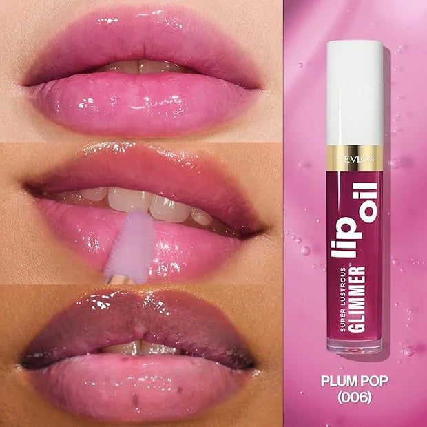 REVLON Super Lustrous Glimmer Lip Oil, Moisturizing & Tinted, Shiny Finish, Made with Plant-Based Squalane, 006 Plum Pop, ...