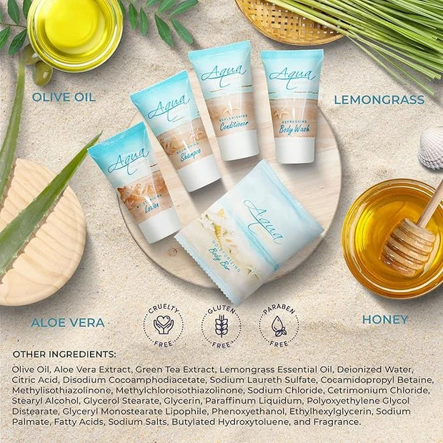 1-Shoppe Aqua Organics Amenity Kit | Boxed Hotel Toiletries Bulk Set | 1 oz Shampoo, Conditioner, Lotion, Body Wash & Bar ...