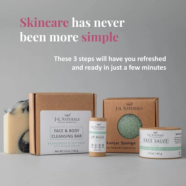 J&L Naturals Simple Skin Regimen Kit With Cleansing Bar, Face Salve, Konjac Sponge, Lip Balm | For Oily, Dry, Mature, and ...