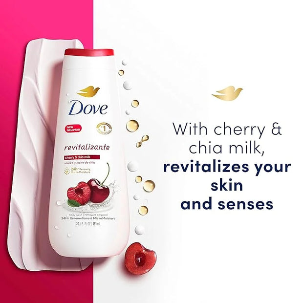 Dove Body Wash Revitalizante Cherry & Chia Milk 4 Count for Renewed, Healthy-Looking Skin Gentle Skin Cleanser with 24hr R...