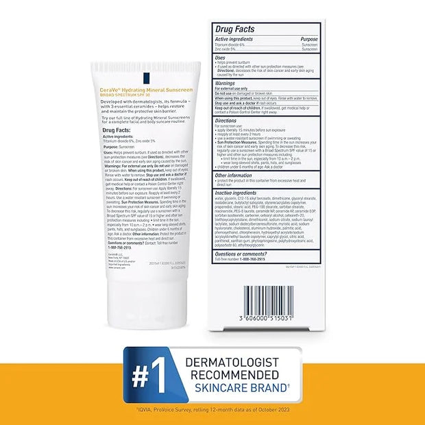 CeraVe 100% Mineral Sunscreen SPF 30 | Face sunscreen With Zinc Oxide & Titanium Dioxide | Hyaluronic Acid + Niacinamide +...