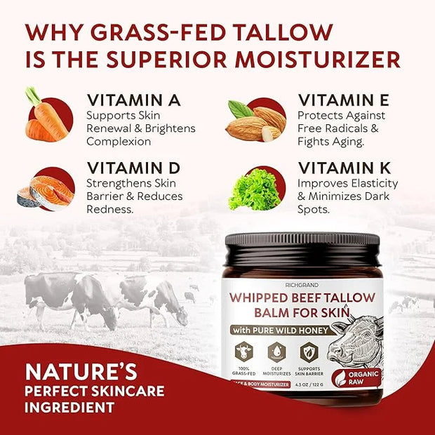 Beef Tallow for Skin - Whipped Grass-Fed Moisturizer with Wild Honey & Beeswax, Natural Face & Body Care, Deep Hydration, ...