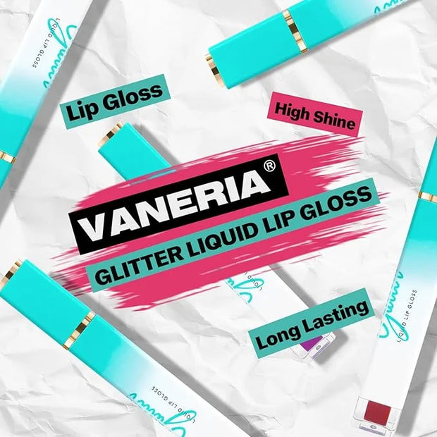 VANERIA Glitter Lip Gloss Shimmer,Matte Liquid Lipstick Rapid Drying,Long Lasting Highly Pigmented Color,Waterproof,Lipglo...