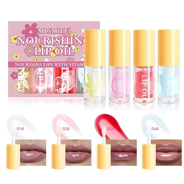 Hydrating Lip Oil, 4Pcs Plumping Lip Glow Oil Set, Fruit Extract Lip Oil Set Tinted for Dry Lip, Shiny and Moisturizing Tr...