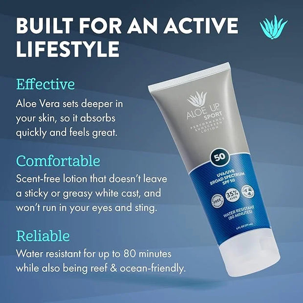 Aloe Up Sport Sunscreen Lotion SPF 50 - Broad Spectrum UVA/UVB Sunscreen Protector for Face and Body With Hydrating Aloe V...