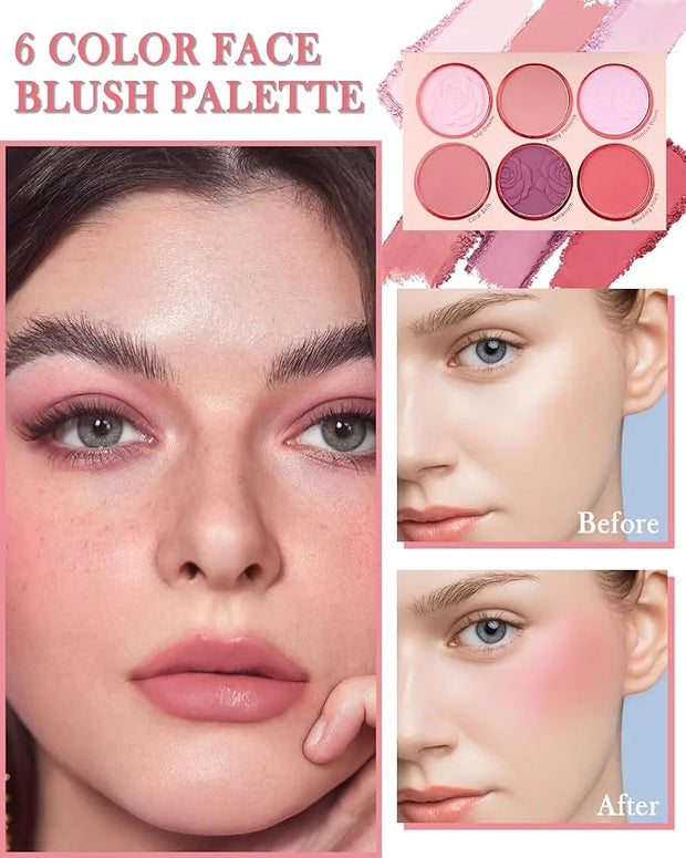 Matte Face Blush Palette with Brush-6 Colors Pink Purple Silky Mineral Blendable Blusher Contour Powder for Cheeks,Longlas...