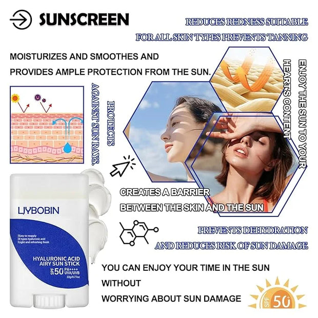 Hyaluronic Acid Moisturizing Sun Stick,SPF 50+ PA++++,Mineral Sunscreen Stick for Face,Beach Defense Sunscreen Stick,Trave...