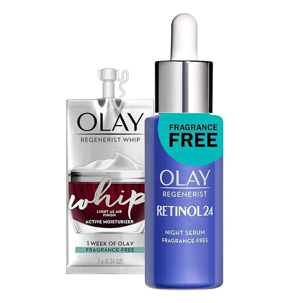 Olay Regenerist Retinol Face Serum, Retinol 24 Night Face Serum, 1.3oz + Whip Face Moisturizer Travel/Trial Size Gift Set ...