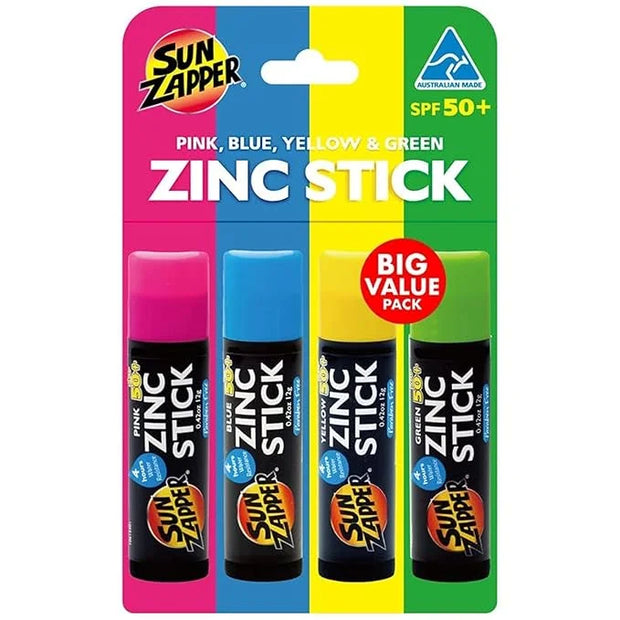 Sun Zapper Zinc Oxide Mineral Sunscreen Stick (Pink, Blue, Green, Yellow) SPF 50+ Water Resistant for Face & Body, Adults,...