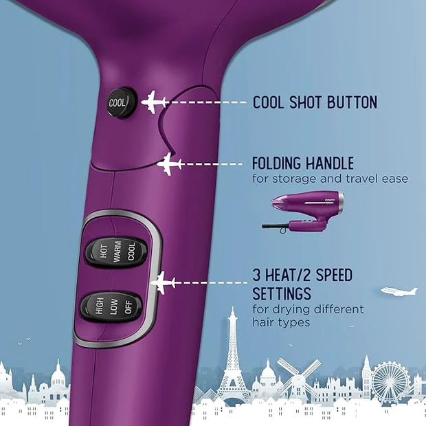 Conair Hair Dryer, Worldwide Travel Hair Dryer with Smart Voltage Technology and Folding Handle, Includes Diffuser and Con...