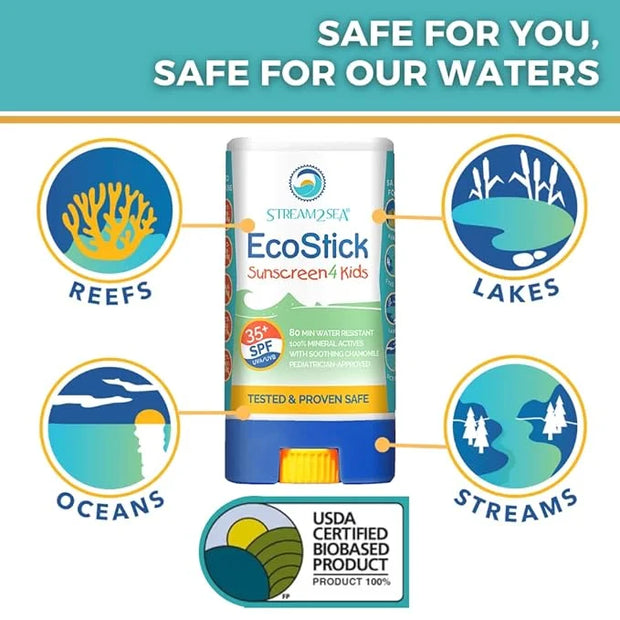 STREAM2SEA EcoStick SPF 35 Mineral Sunscreen Stick, Sweat Water Resistant Sunblock, USDA Approved Biodegradable Paraben Fr...