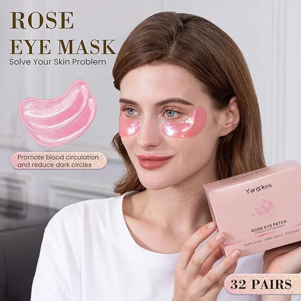 32 Pairs Pink Under Eye Patches, Rose Cooling Hydrating Eye Mask for Dark Circles Puffiness Puffy Eyes, Anti Wrinkle Colla...