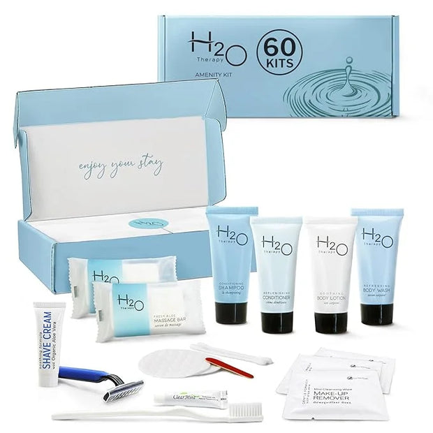H2O Therapy Amenity & Accessory Kit | 0.85 oz Travel Size Shampoo, Conditioner, Lotion, Body Wash, Massage Bar, Cleansing ...