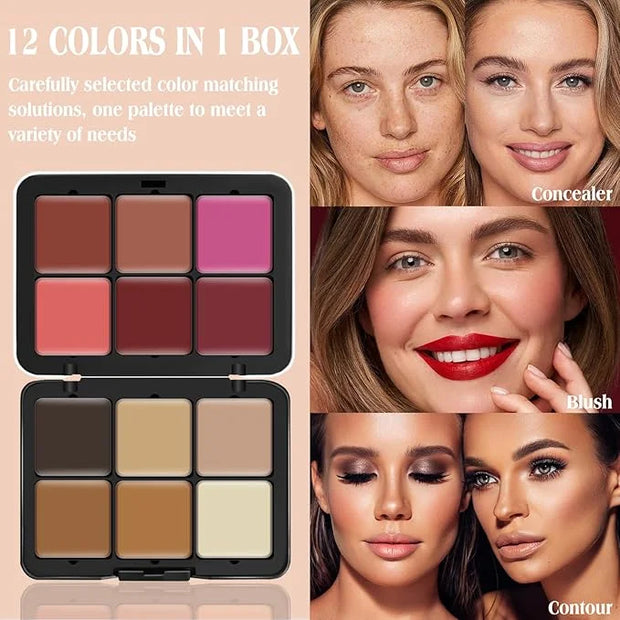 12 Colors Cream [Blush Contour Concealer] Makeup Palette for Cheeks - All in One Makeup Palette Kit with Brush, Natural Ma...