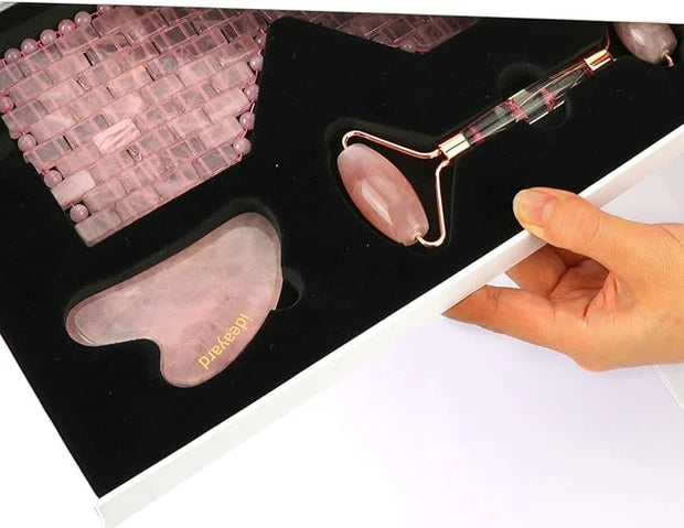 ideayard Rose Quartz Eye Mask & Face Roller and Gua Sha 3-in-1, Real Natural AAA Rose Quartz for Skin Care SPA Facial - Pr...