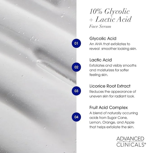 Advanced Clinicals 10% Glycolic Acid + Lactic Acid Body Lotion Moisturizer + AHA Glycolic Acid Face Serum 2pc Exfoliating ...